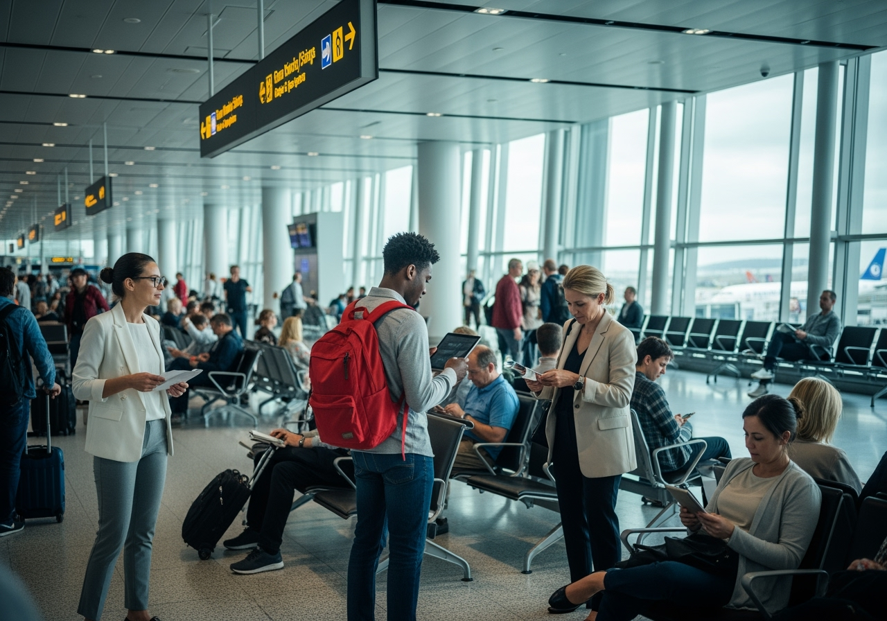Airport transit area with passengers waiting for connecting flights