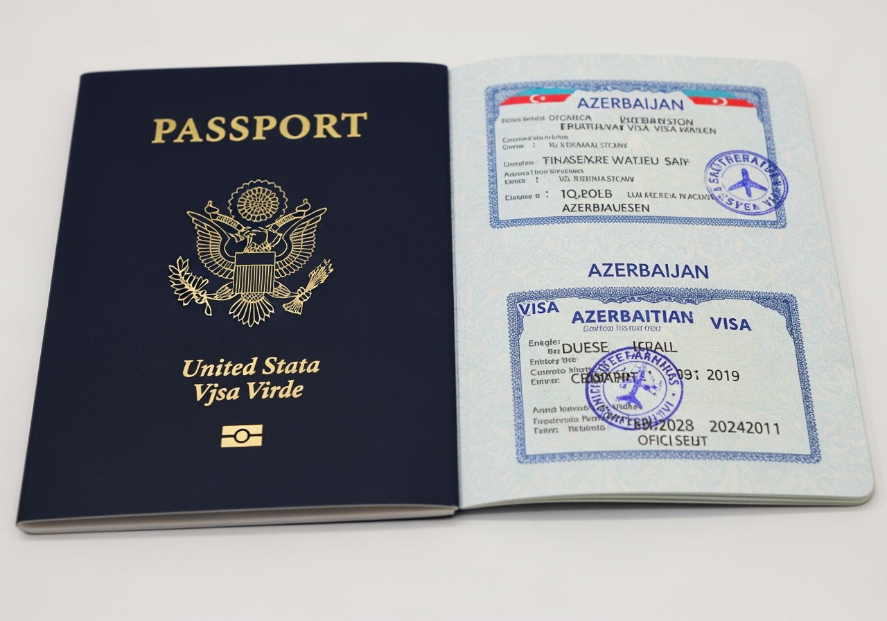 Realistic American passport with Azerbaijan visa stamp and US flag