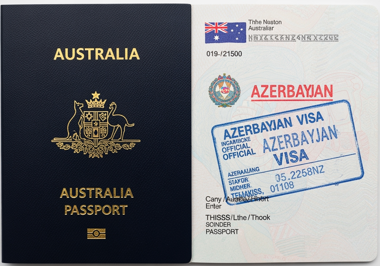 Australian passport with Azerbaijan visa stamp and Australian flag