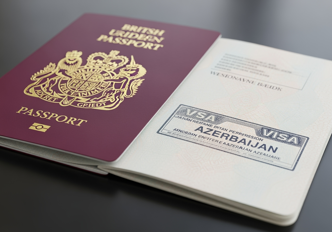 British passport with Azerbaijan visa stamp and UK flag