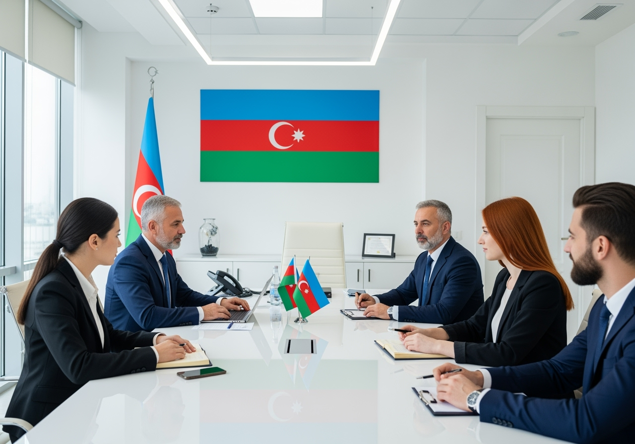 Business meeting in modern office with Azerbaijan flag
