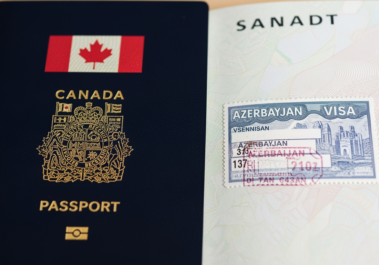 Canadian passport with Azerbaijan visa stamp and maple leaf flag