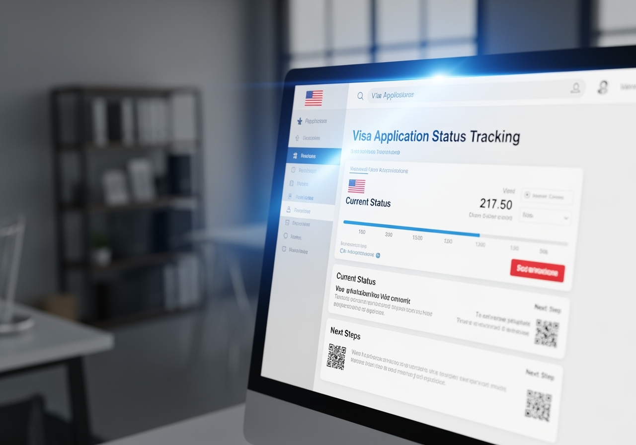Computer screen showing visa application status tracking