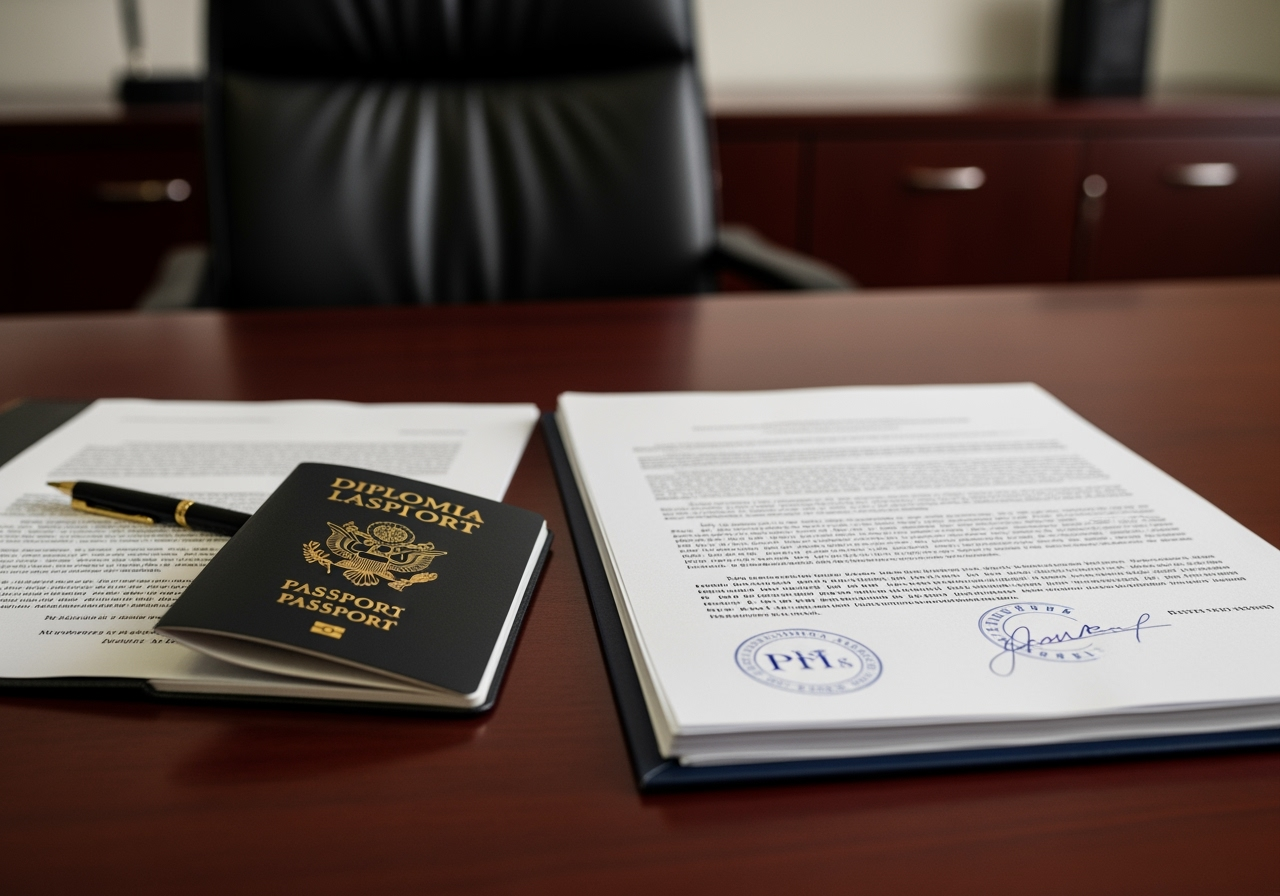 Realistic diplomatic passport and official documents on desk