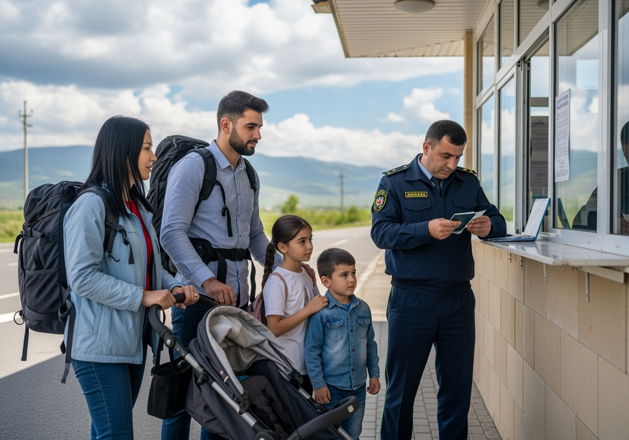 Family with children at Azerbaijan border control