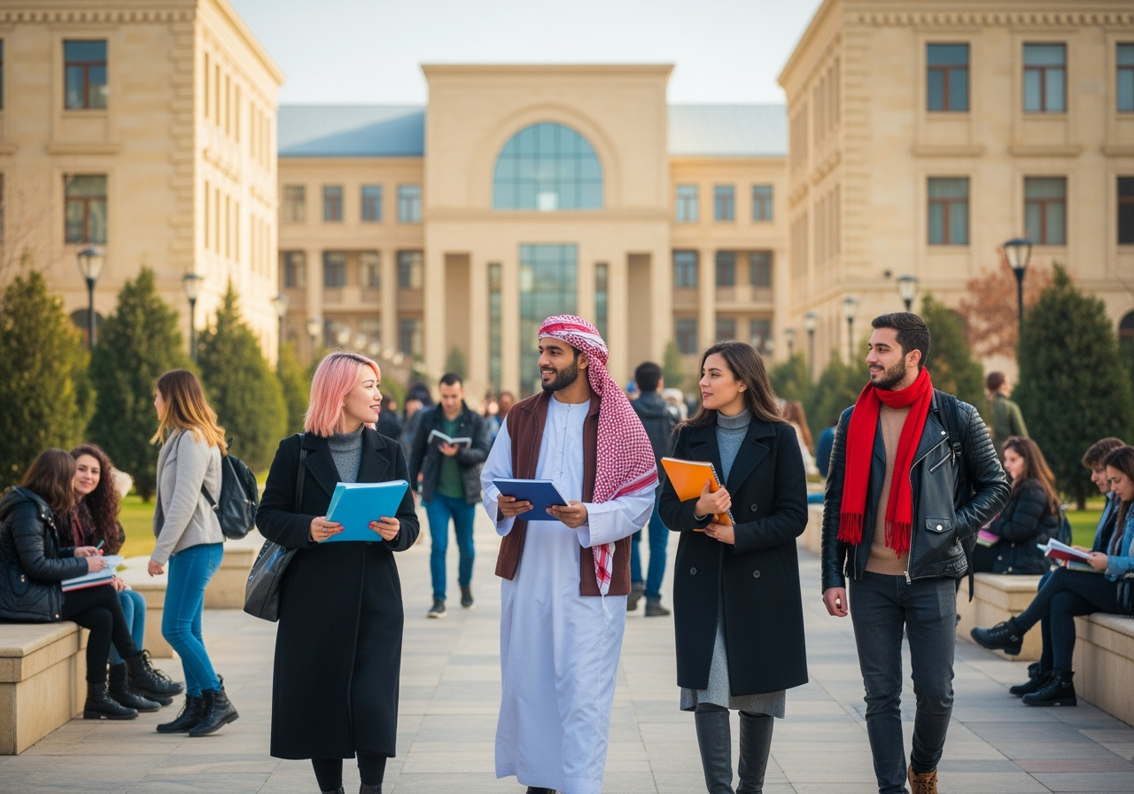 International students studying at Azerbaijan university campus