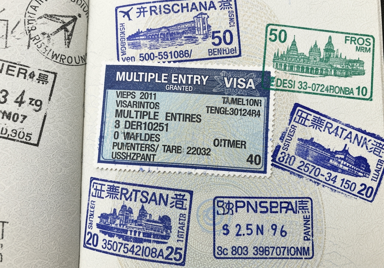Multiple entry visa stamp in passport with travel stamps