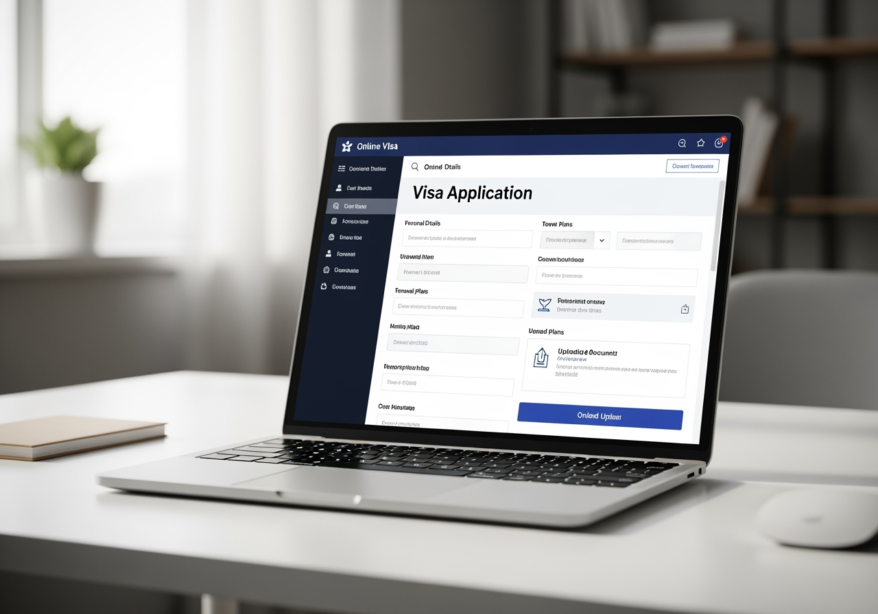 Online visa application on laptop screen with digital interface