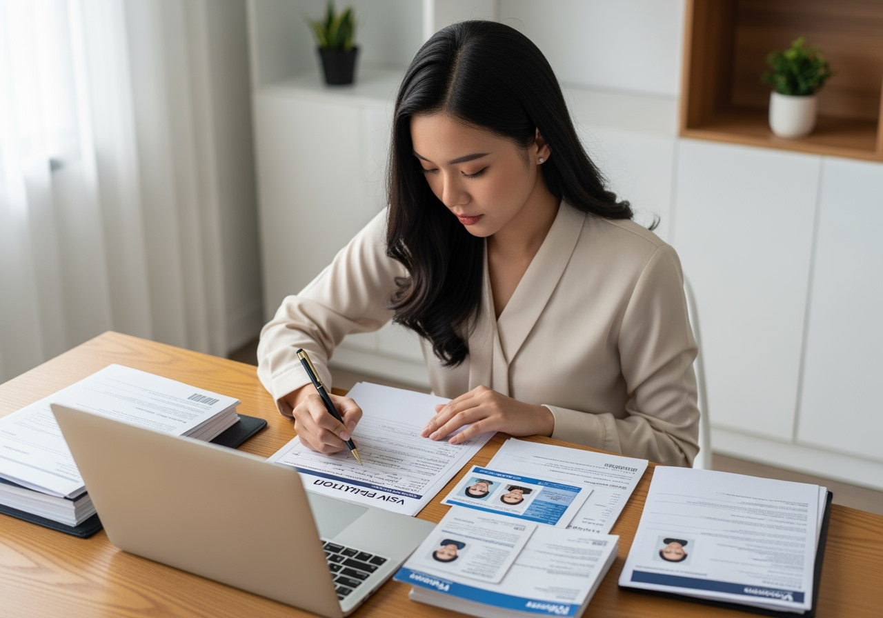 Person filling out visa application form on computer with documents
