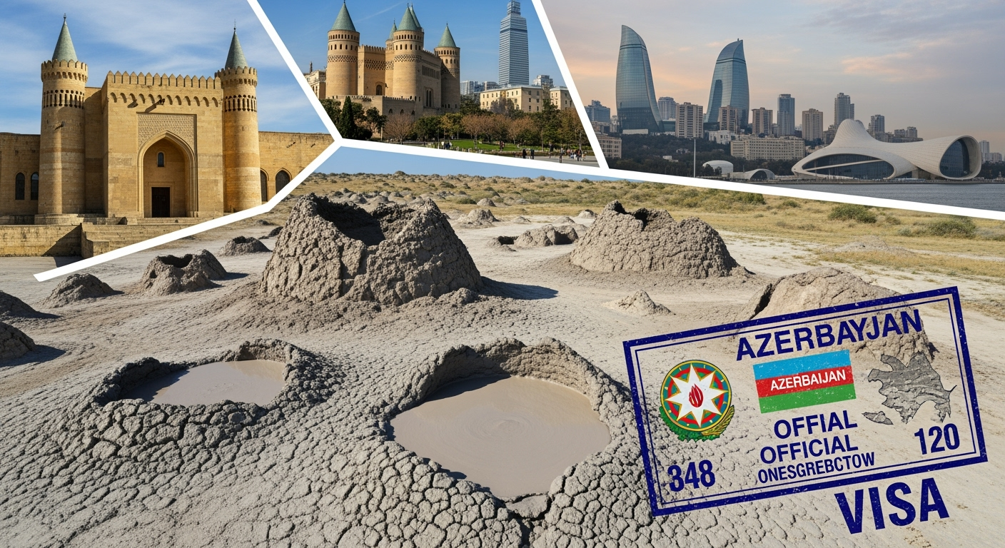 Tourist attractions in Azerbaijan with visa stamp overlay