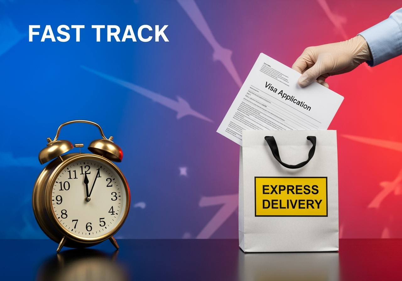 Urgent visa processing with clock and express delivery concept