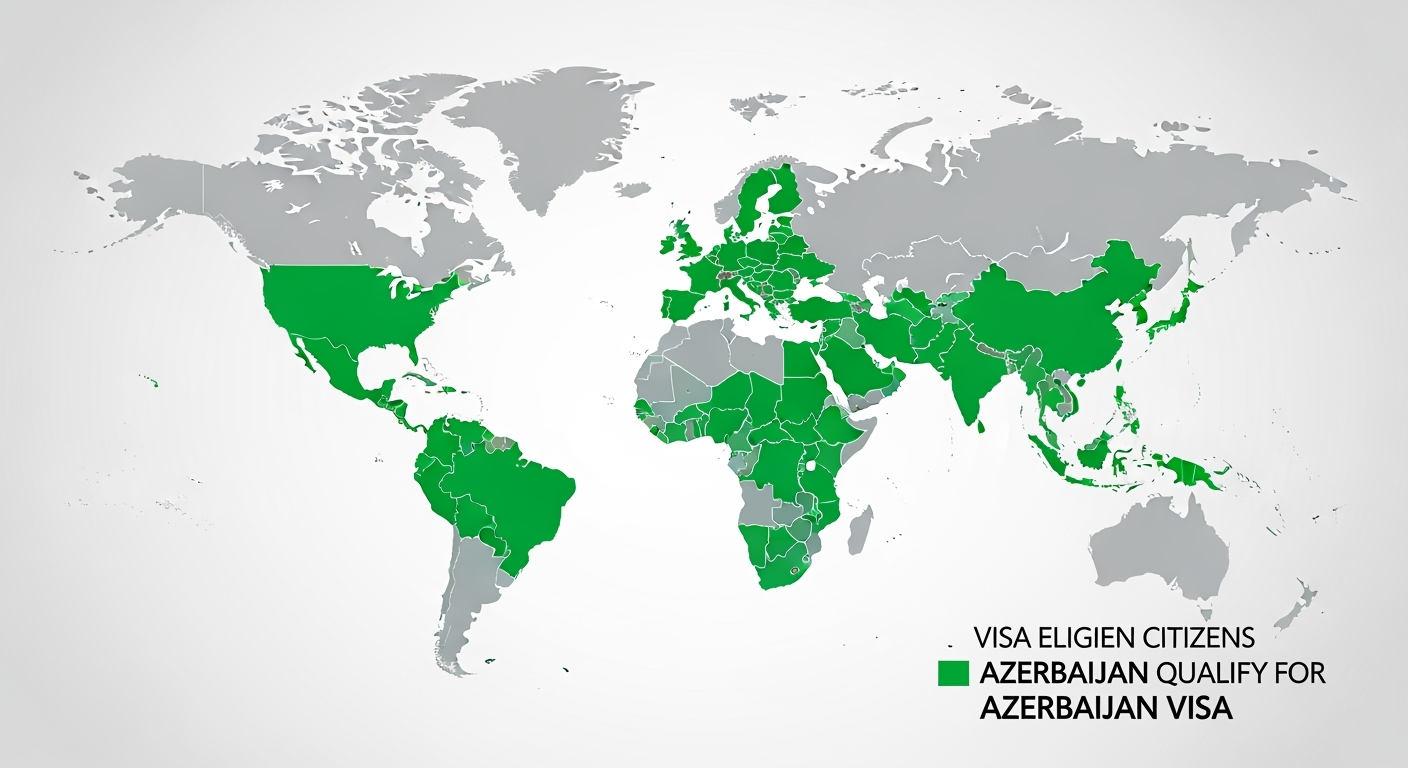 World map highlighting countries eligible for Azerbaijan e-Visa